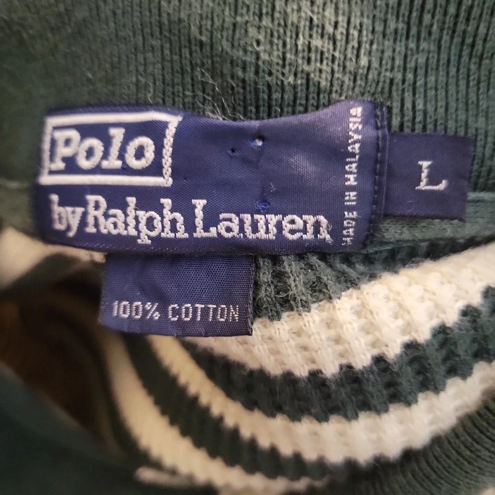 Polo Sport Ralph Lauren Shirt Mens Large Green Striped Waffle Knit Pullover VGT